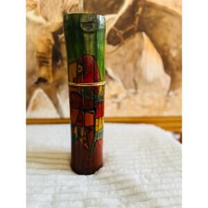 Vintage Folk Art Log Drum Wooden Tongue Slit Drum Talking Instrument Bird Moon